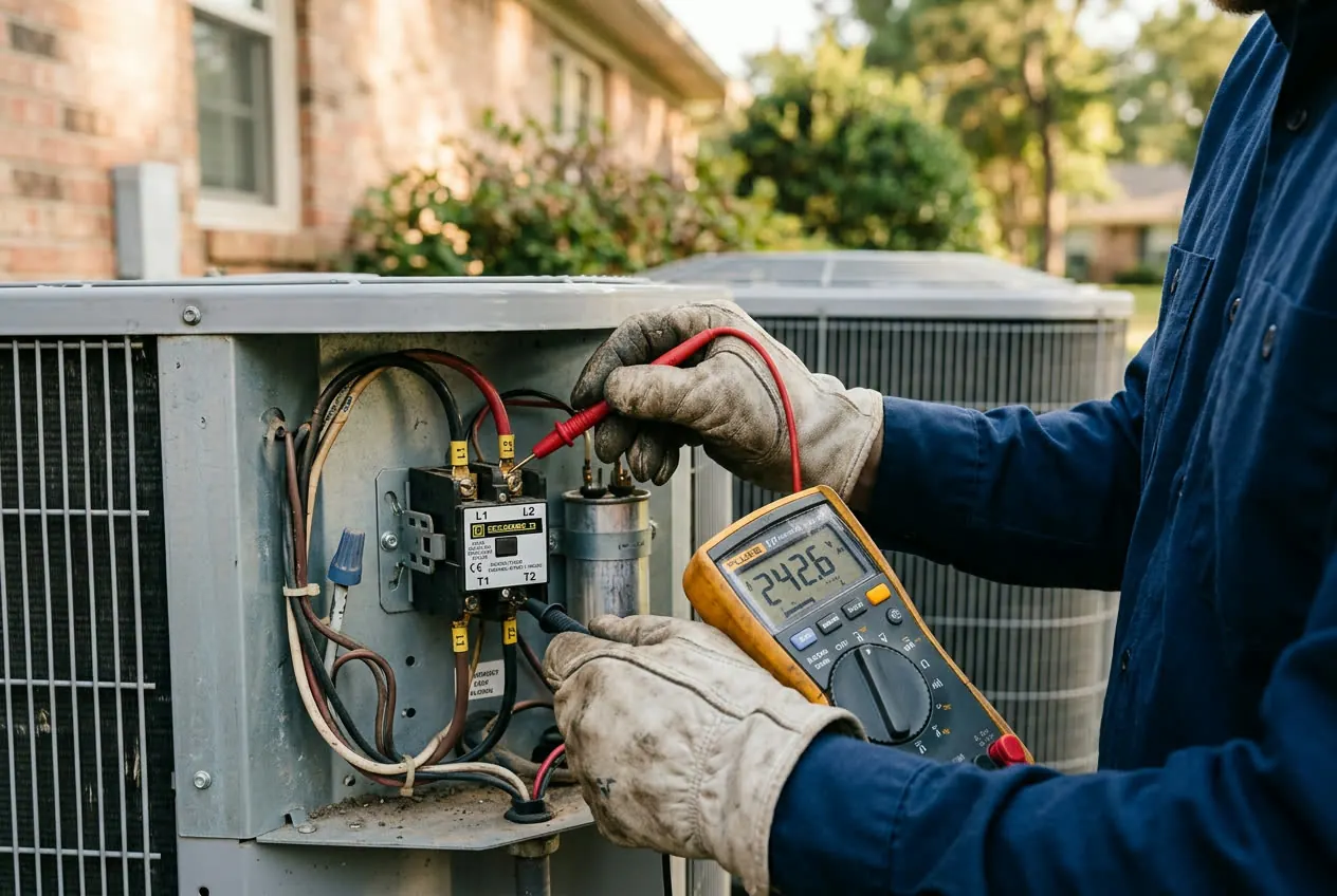Close-up of a multimeter testing voltage on an HVAC contactor