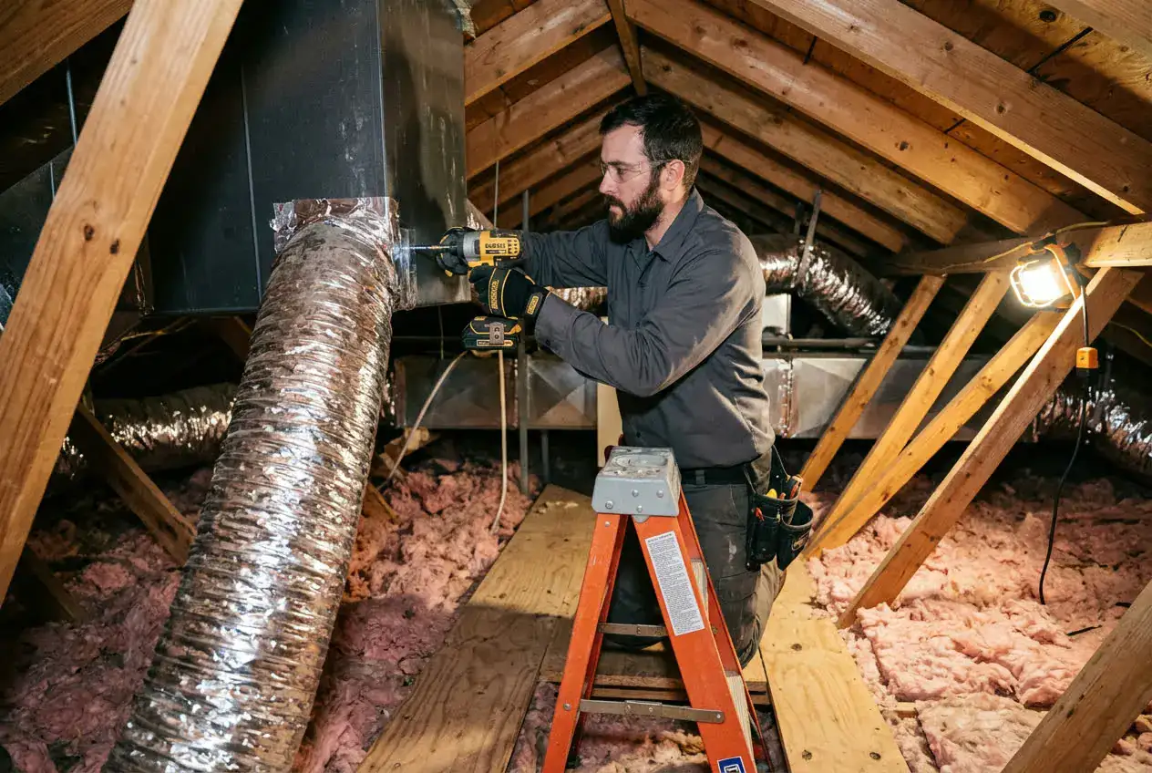 HVAC technician installing insulated ductwork in an attic