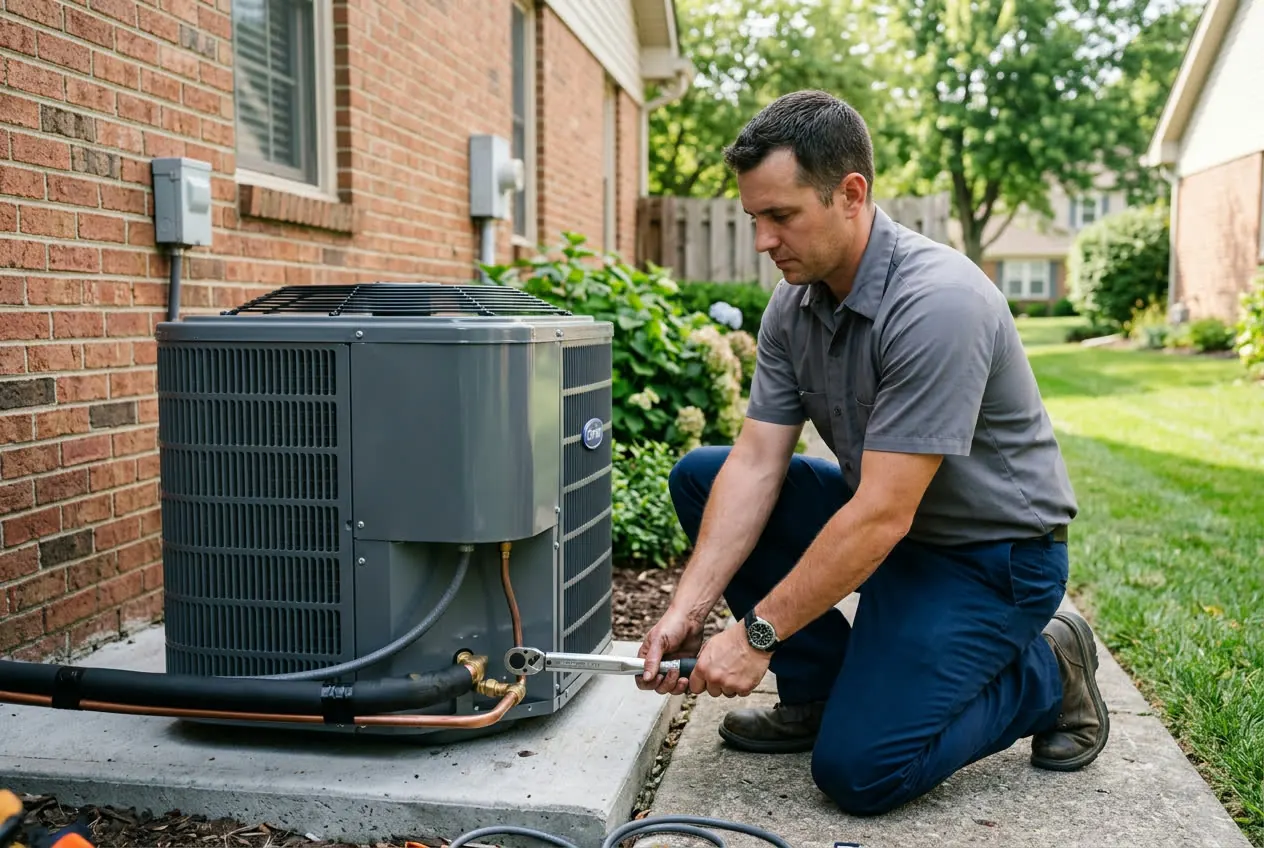 Technician servicing a residential gas furnace with a combustion analyzer