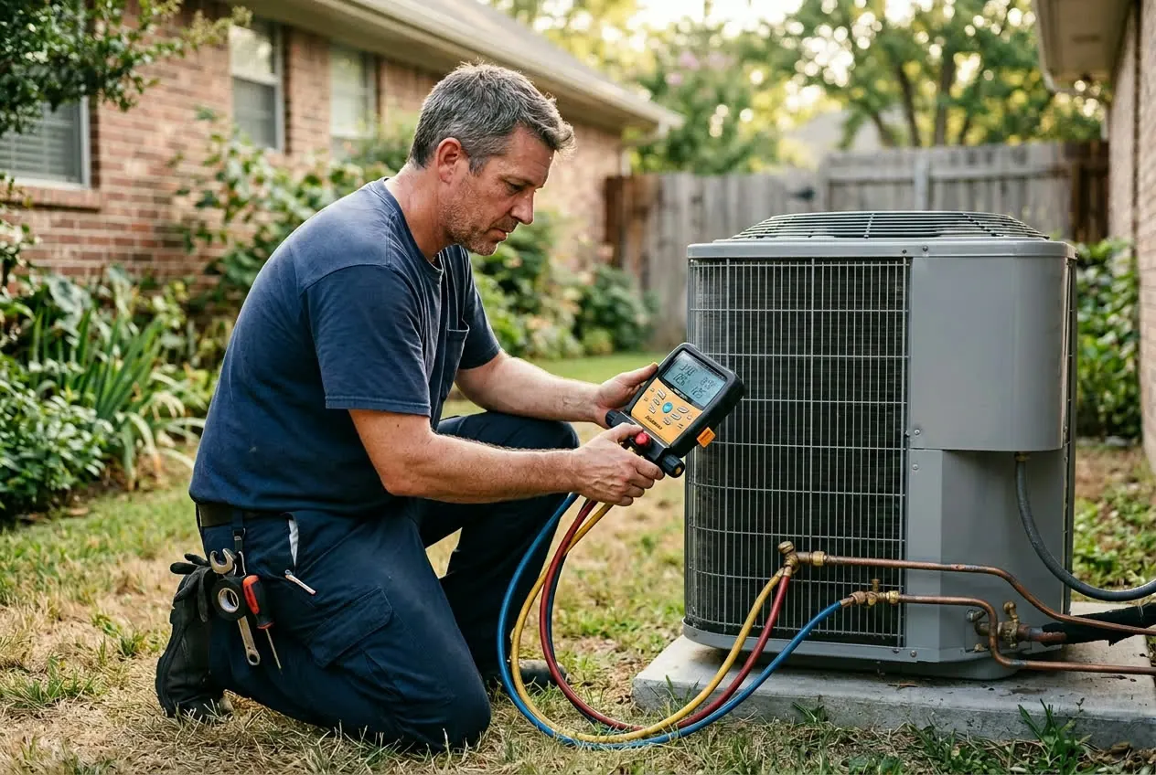 HVAC technician checking refrigerant pressures with manifold gauges on a residential condenser