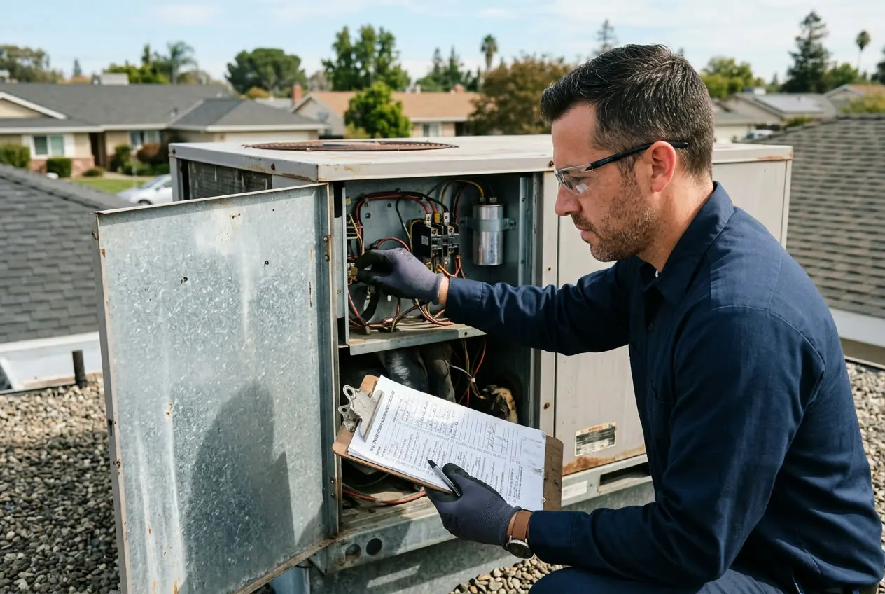 Technician maintaining commercial ductwork system